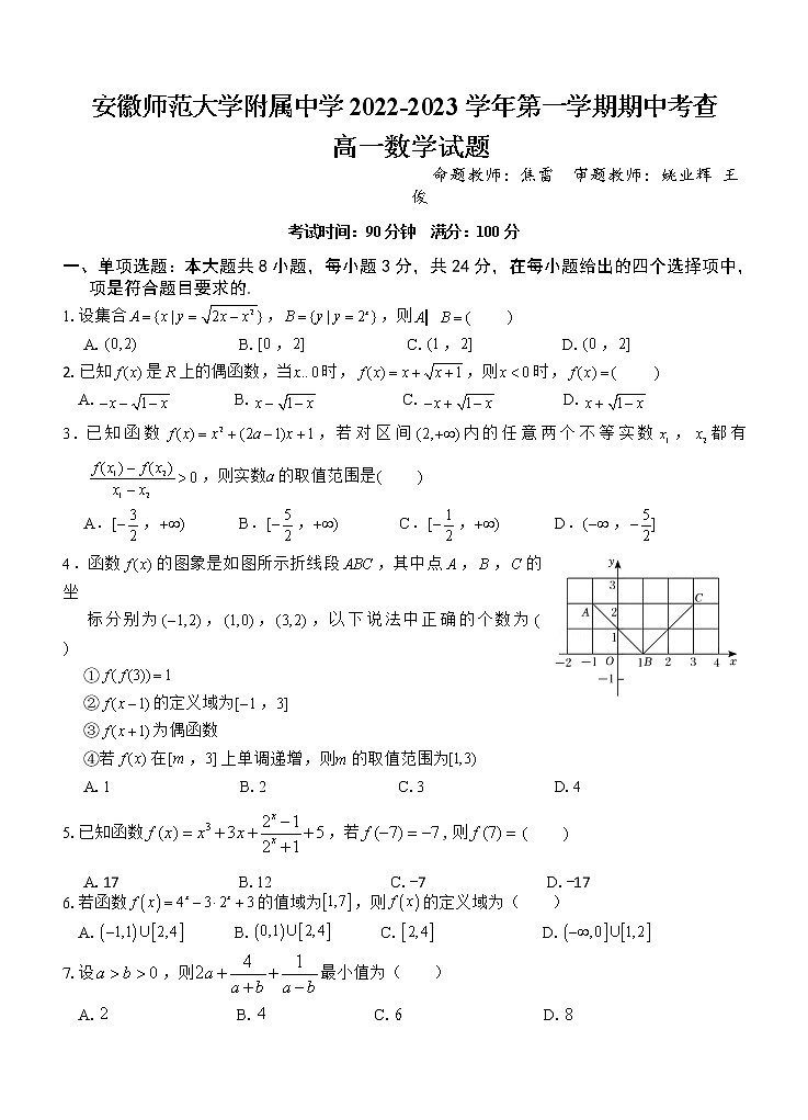 安徽师范大学附属中学2022-2023学年高一上学期期中考数学试卷无答案第1页