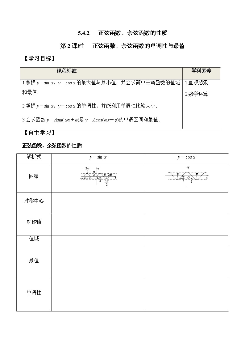 5.4.2 第2课时 正弦函数余弦函数的单调性与最值（学案）-2022-2023学年高一数学精品同步课堂（人教A版2019必修第一册）01