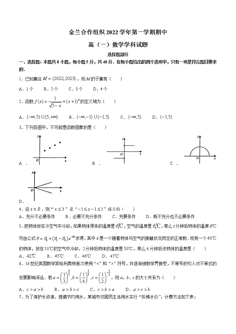 浙江省宁波金兰教育合作组织2022-2023学年高一上学期期中联考数学试题（含答案）第1页