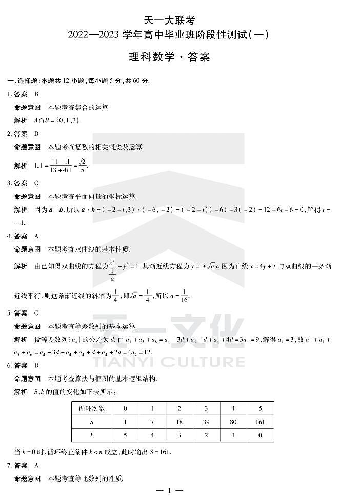天一大联考高三理科数学试卷及参考答案01