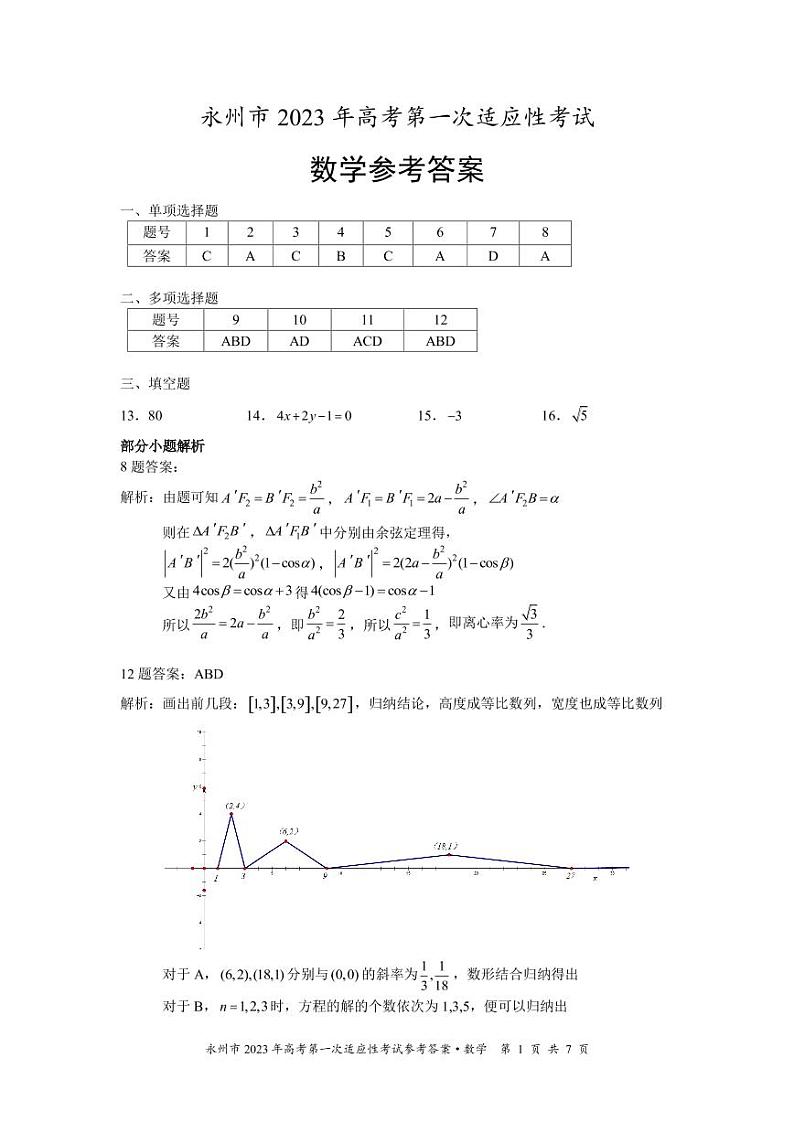 永州市2023届高三第一次模拟考试数学试卷及参考答案01