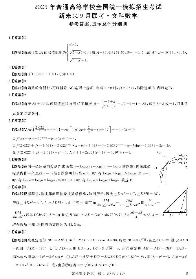 全国统一招生考试新未来联高三文数试卷文科答案第1页