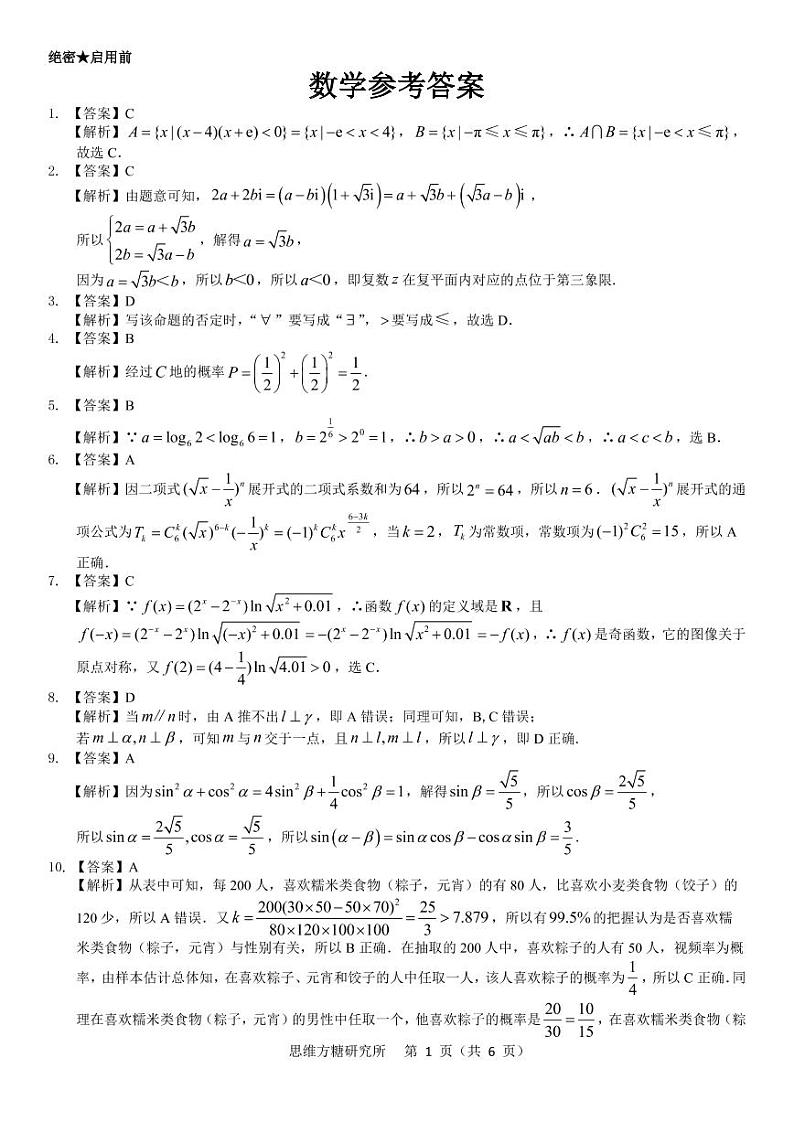 高三数学参考答案--山西第1页