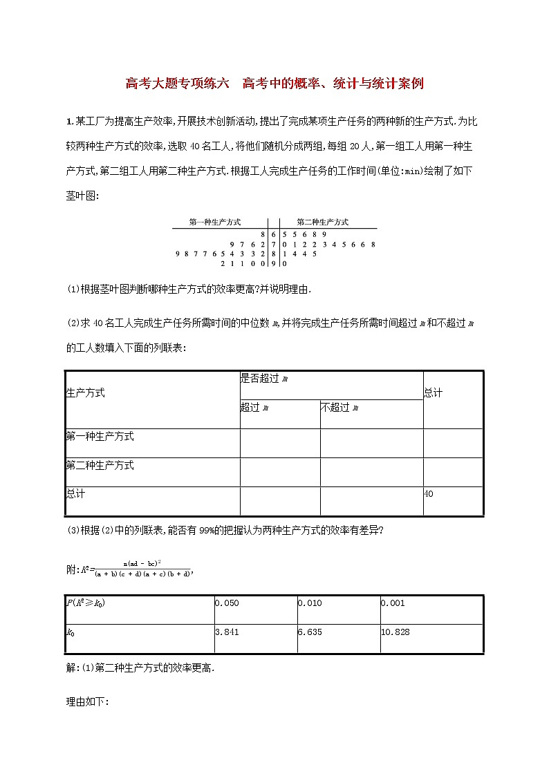 广西专用高考数学一轮复习高考大题专项练六高考中的概率统计与统计案例含解析第1页