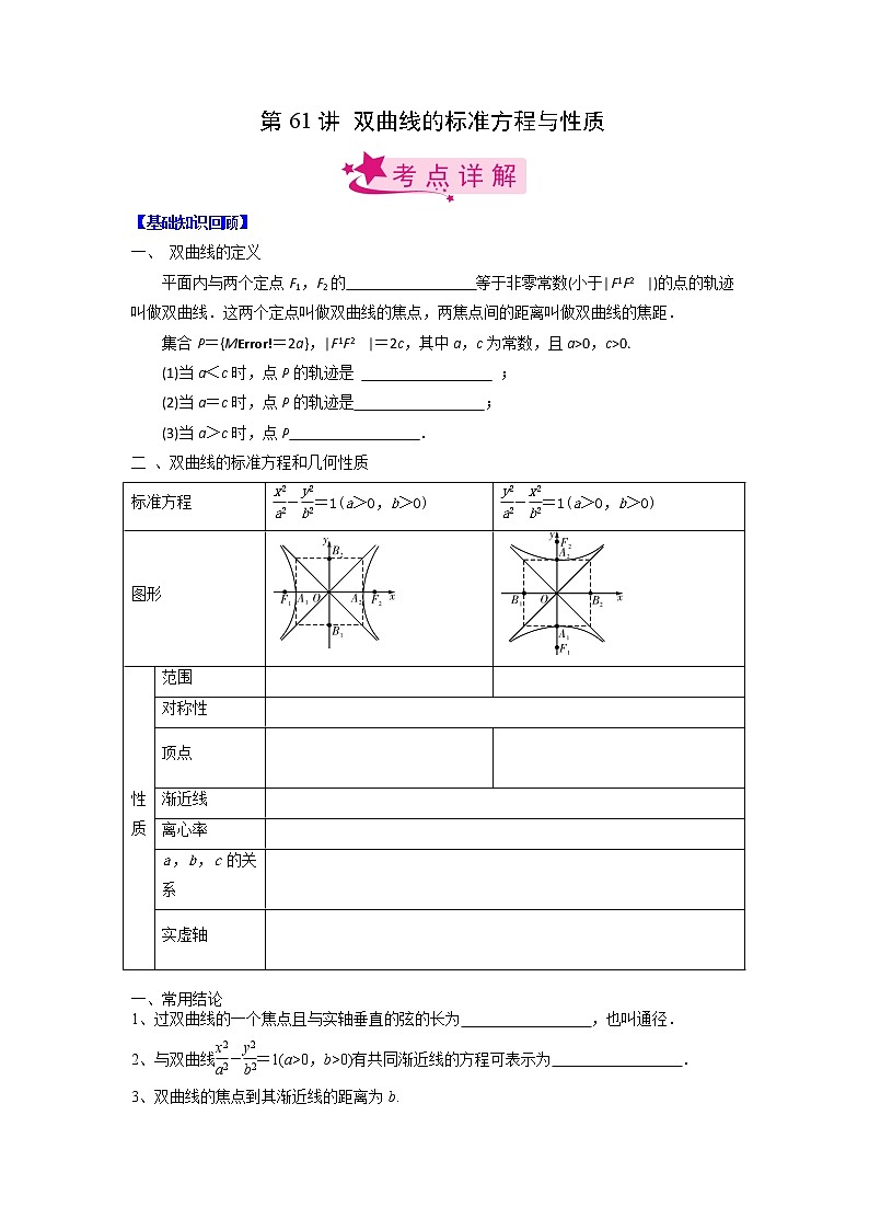 数学考点全复习——第61讲《双曲线的标准方程与性质》精选题（新高考专用）01