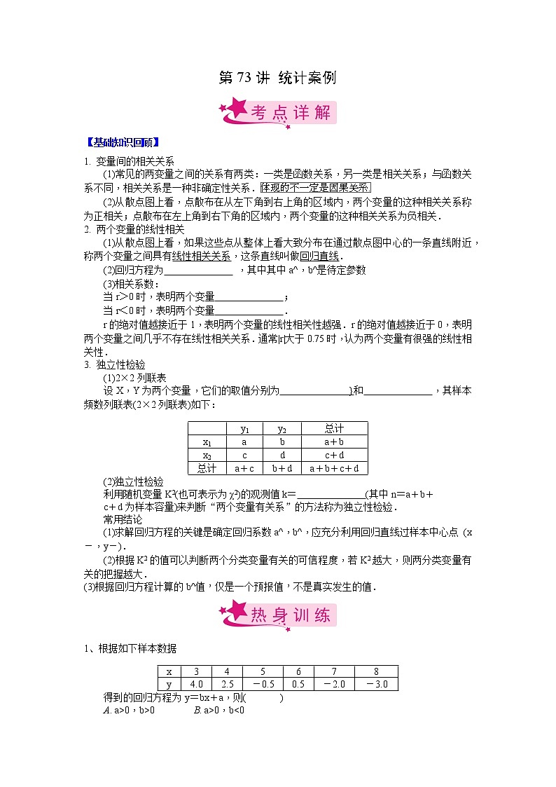 数学考点全复习——第73讲《统计案例》精选题（新高考专用）01