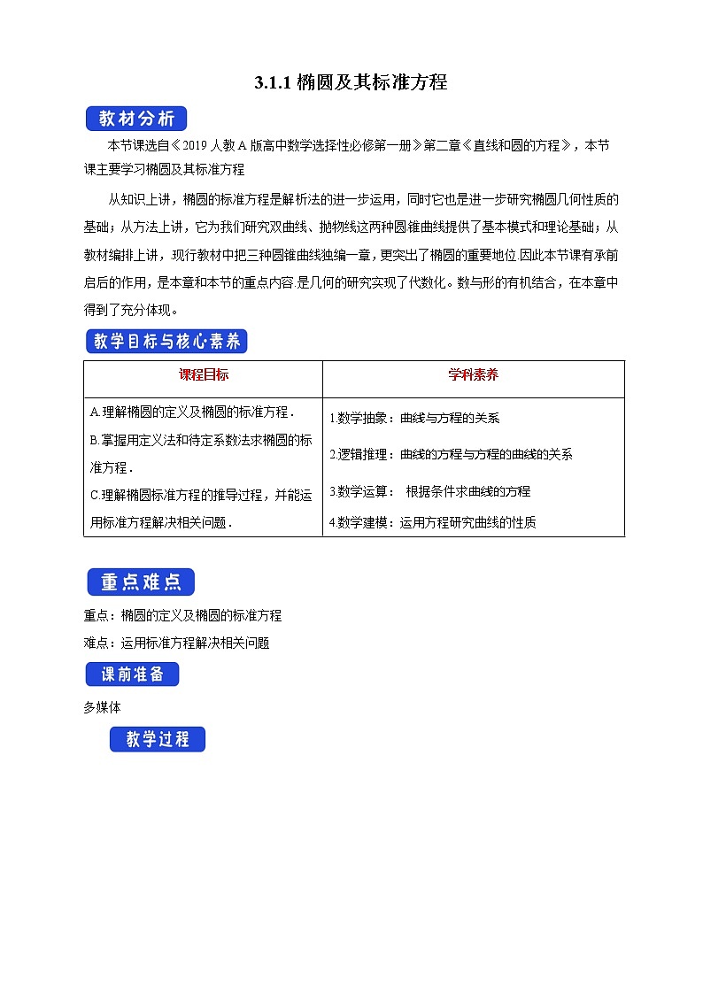 【新教材精创】3.1.1 椭圆及其标准方程 教学设计-人教A版高中数学选择性必修第一册第1页