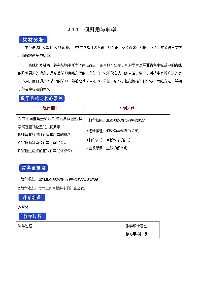 【新教材精创】2.1.1 倾斜角与斜率（教学设计）-人教A版高中数学选择性必修第一册第1页