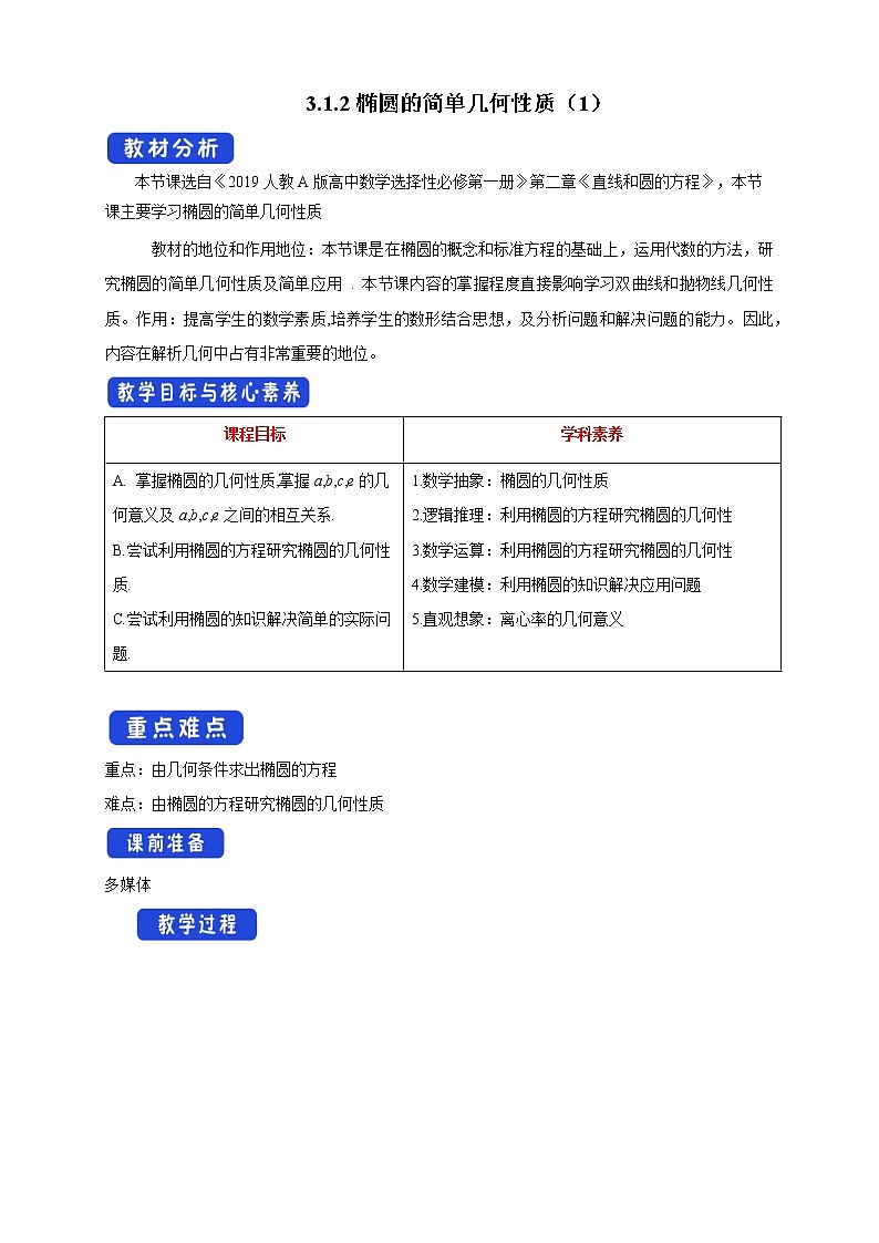 【新教材精创】3.1.2 椭圆的简单几何性质（1） 教学设计-人教A版高中数学选择性必修第一册第1页