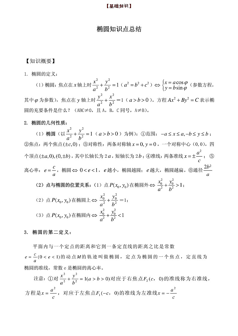 高中数学：椭圆全部知识点与解题技巧，含例题第1页