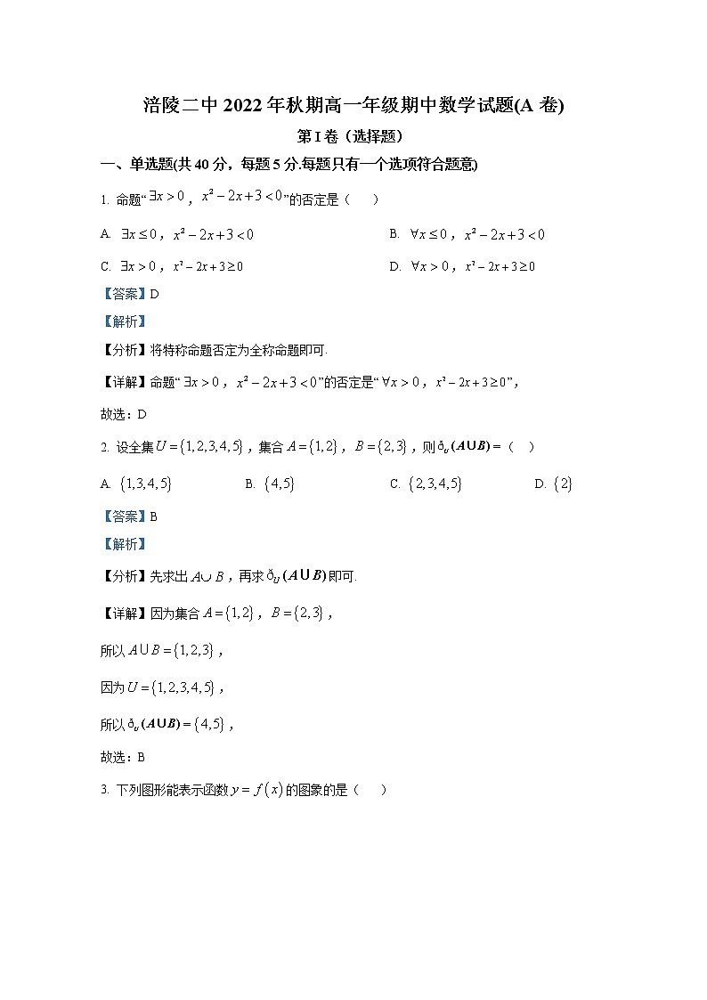 重庆市涪陵第二中学2022-2023学年高一数学上学期期中考试试卷（A卷）（Word版附解析）01