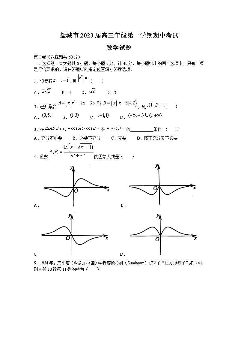 江苏省盐城市2022-2023学年高三数学上学期期中试题（Word版附解析）01