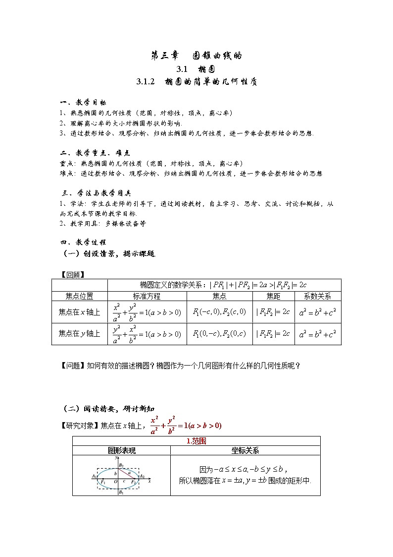 3.1.2  椭圆的简单的几何性质  教案-2022-2023学年高二上学期数学人教A版（2019）选择性必修第一册01