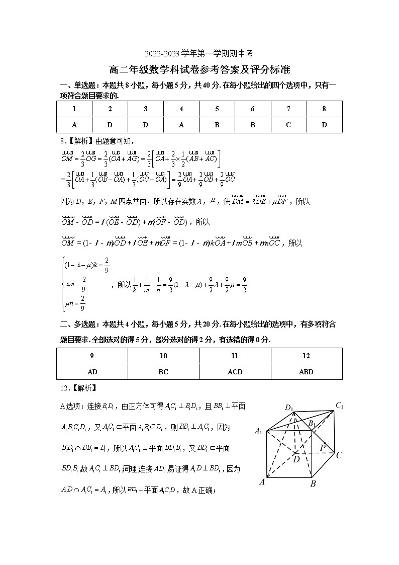 重庆市巴蜀中学2023届高二上数学期中考试数学参考答案及评分标准第1页