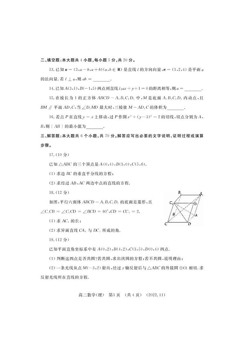 2022-2023洛阳市高二上学期期中数学（理）试卷及答案第3页
