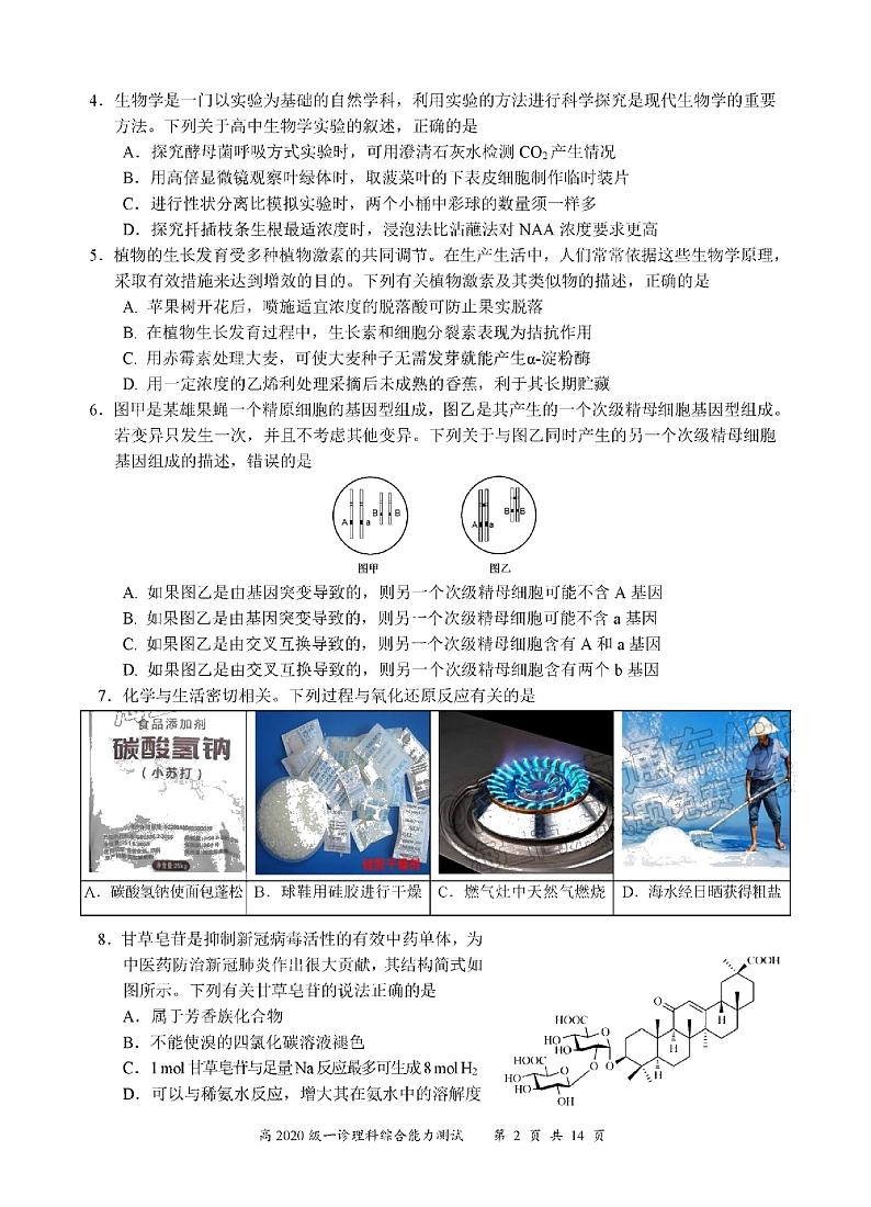 2023届四川省宜宾市高三上学期第一次诊断测试理科综合试题及答案第2页