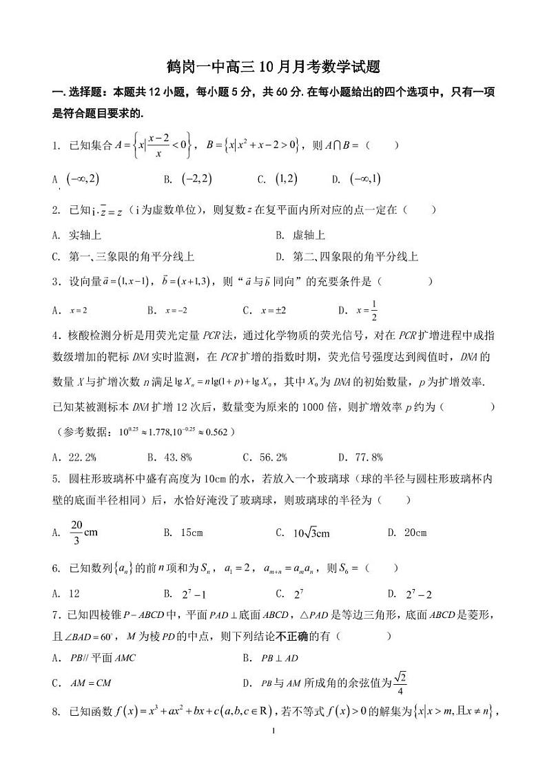 黑龙江省鹤岗市第一中学2022-2023学年高三10月月考数学试题01