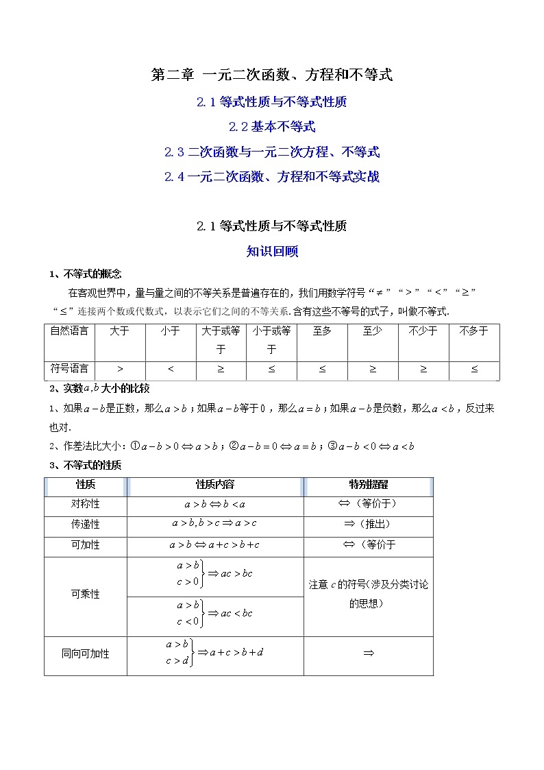 02第二章+一元二次函数、方程和不等式（知识回顾+高频考点训练）-2023年高中数学学业水平考试必备考点归纳与测试（人教A版2019，新教材地区）01