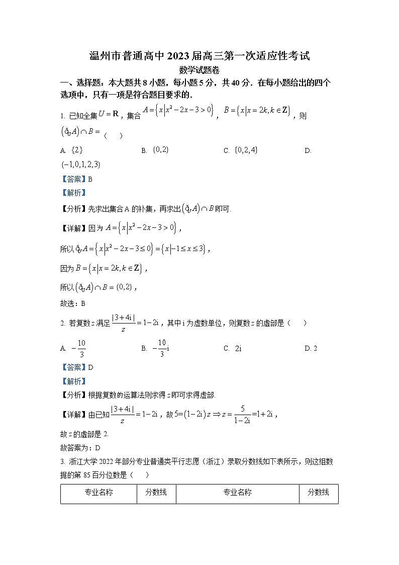 浙江省温州市2022-2023学年高三数学上学期11月第一次适应性考试（一模）（Word版附解析）01