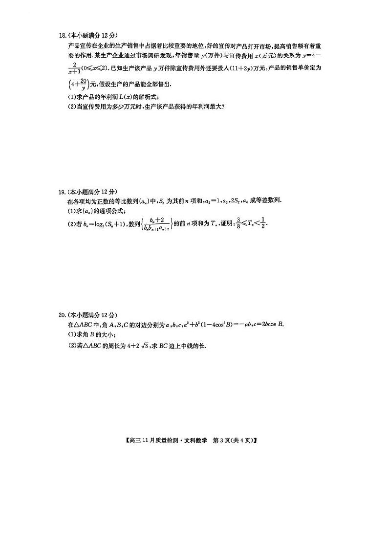 2023九师联盟高三上学期11月质量检测（老高考）文数试卷第3页