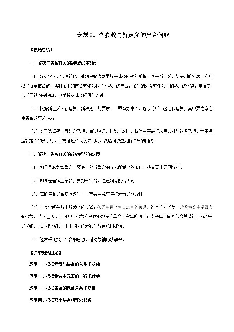 专题01 含参数与新定义的集合问题-高一数学新教材同步配套教学讲义（人教A版2019必修第一册）01