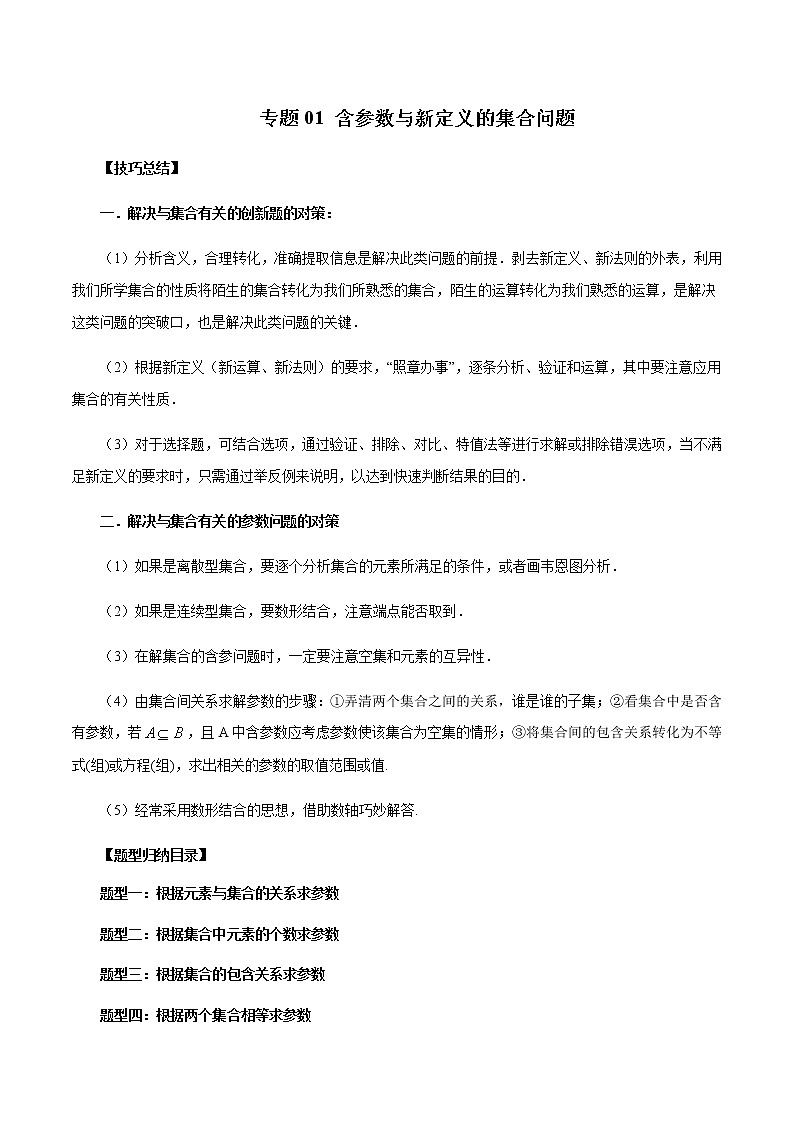 专题01 含参数与新定义的集合问题-高一数学新教材同步配套教学讲义（人教A版2019必修第一册）01