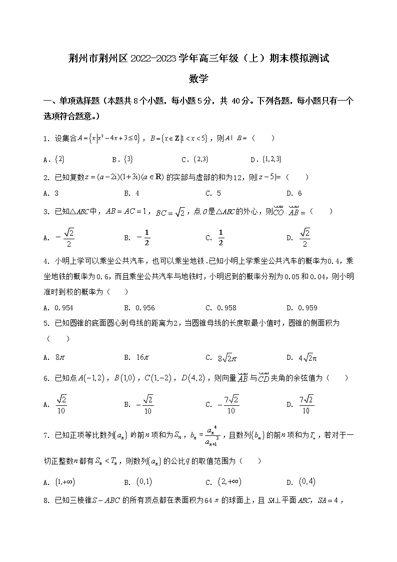 2022-2023学年湖北省荆州市荆州区高三年级（上）数学期末模拟测试（word版）含答案01