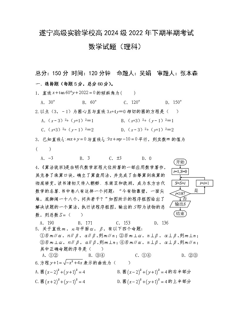 四川省遂宁高级实验学校2022-2023学年高二上学期期中考试数学（理科）试卷第1页