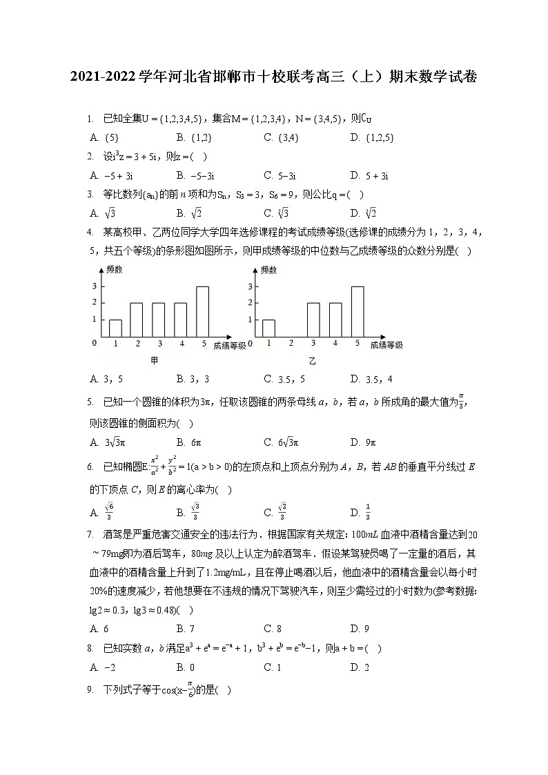 2021-2022学年河北省邯郸市十校联考高三（上）期末数学试卷（含答案解析）01