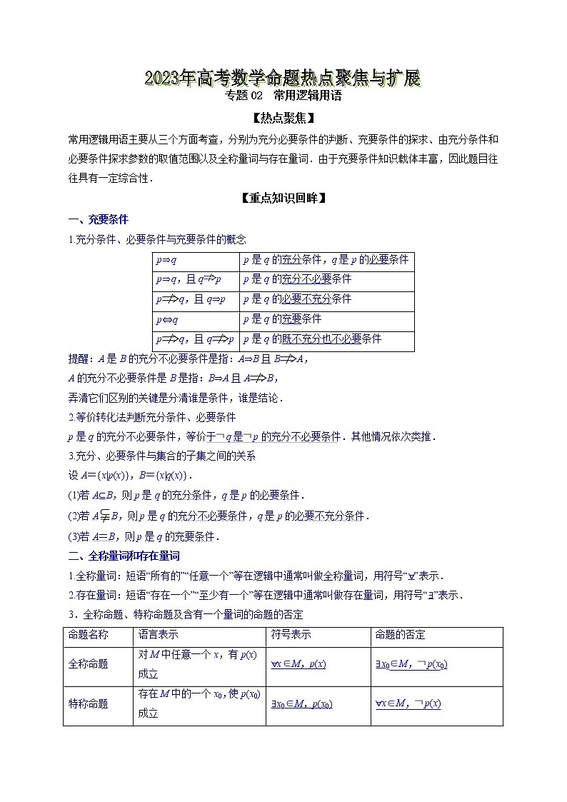 专题02  常用逻辑用语--《最新高考数学命题热点聚焦与扩展》01