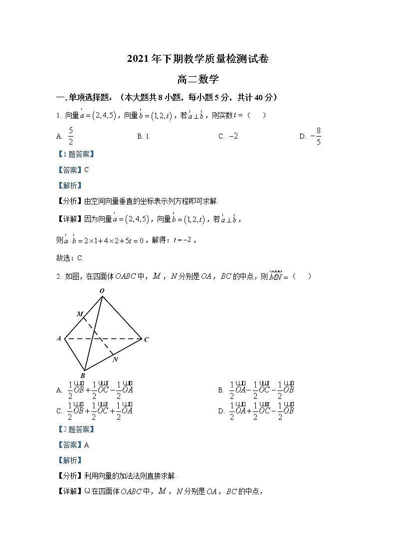 湖南省岳阳市临湘市2021-2022学年高二数学上学期期末质量检测试题（Word版附解析）第1页