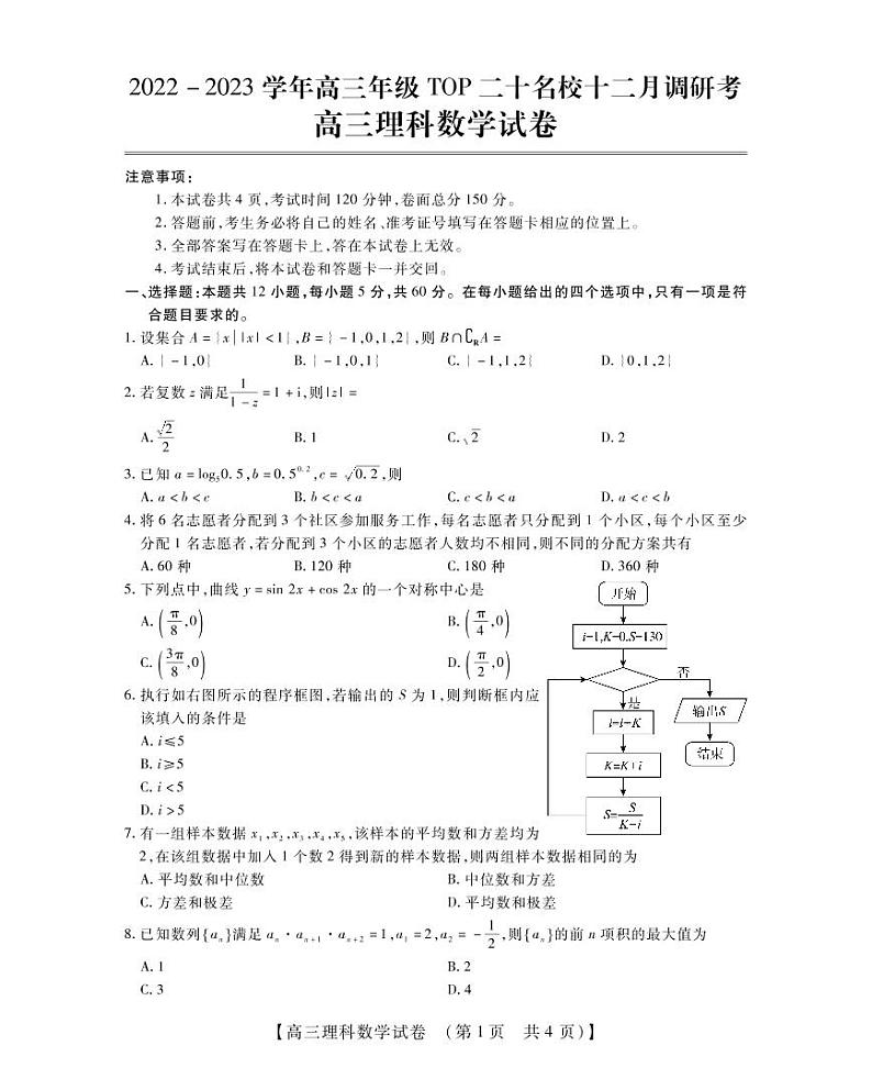 河南省TOP20名校2023届高三数学（理）12月调研试题（PDF版附解析）第1页