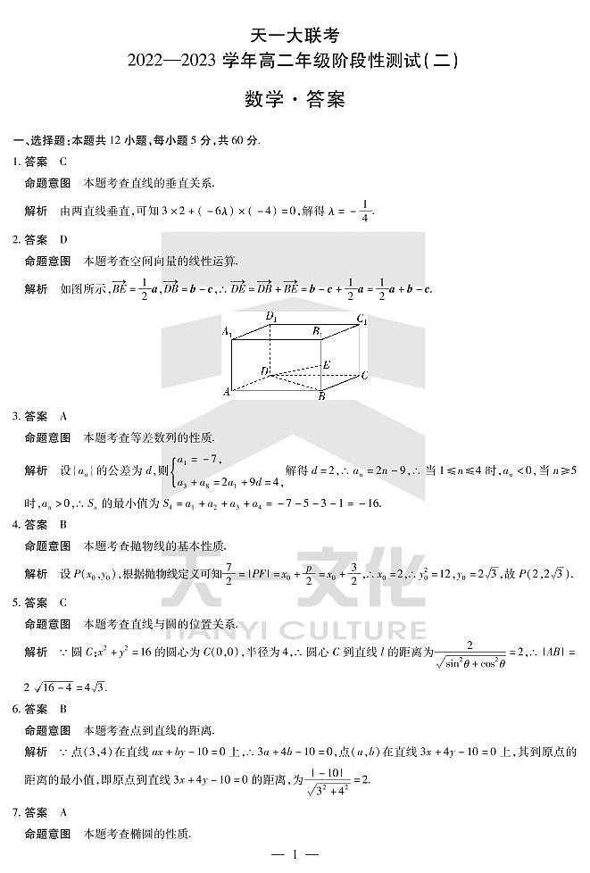 2023河南省天一大联考高二12月阶段性测试二数学试题PDF版含答案01