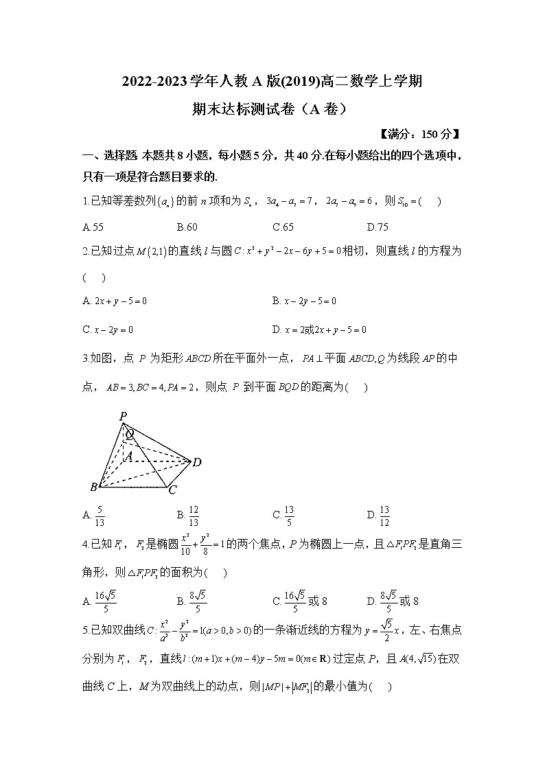 人教A版(2019)高二数学上学期期末达标测试卷（A卷）第1页