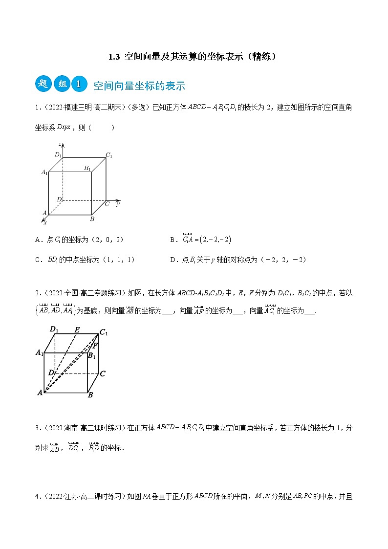 1.3 空间向量及其运算的坐标表示（精练）-2022-2023学年高二数学一隅三反系列（人教A版2019选择性必修第一册）01