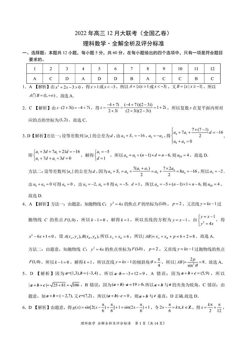 2022年高三12月大联考（全国乙卷）理科数学试卷参考答案第1页