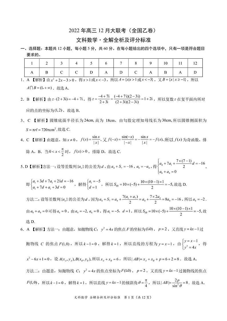 2022年高三12月大联考（全国乙卷）文科数学试卷参考答案第1页