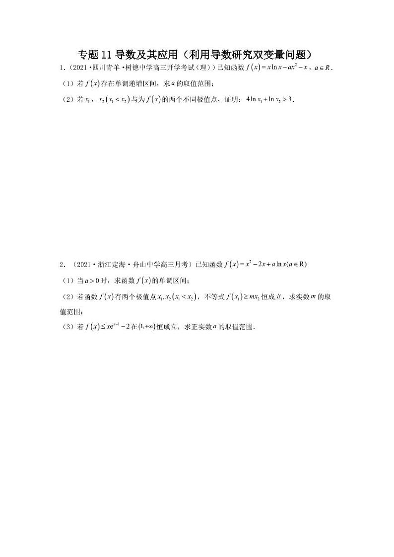 专题11导数及其应用（利用导数研究双变量问题）学生版第1页