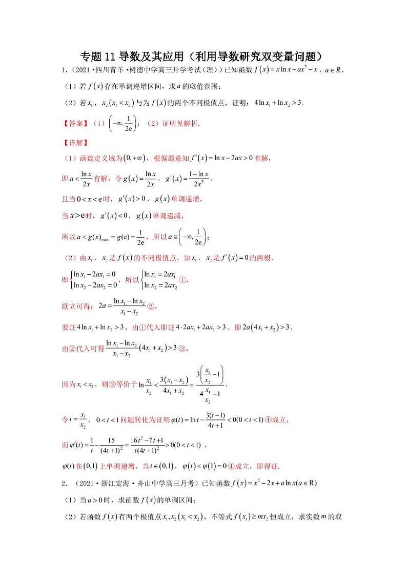专题11导数及其应用（利用导数研究双变量问题）教师版第1页