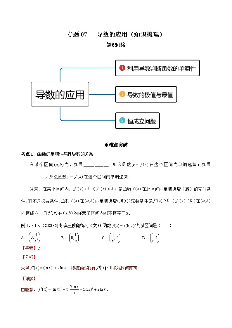 【期末总复习】人教A版(2019)高二数学选择性必修第二册——专题07 导数的应用（知识梳理）（解析版）第1页