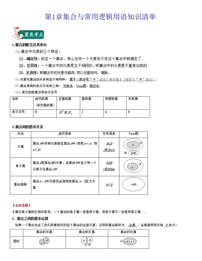 第1章 集合与常用逻辑用语（知识清单）高一数学上学期期中期末考试满分全攻略（人教A版2019）第1页