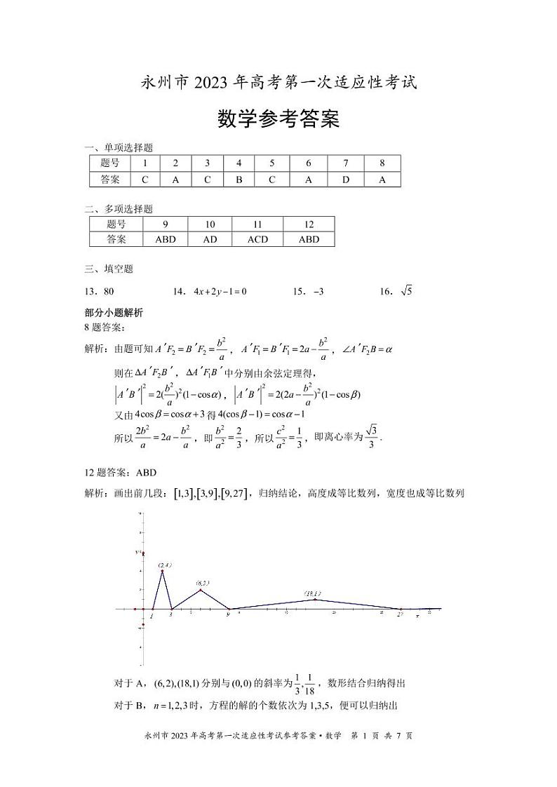 永州市2023届高三第一次模拟考试数学试卷及参考答案01