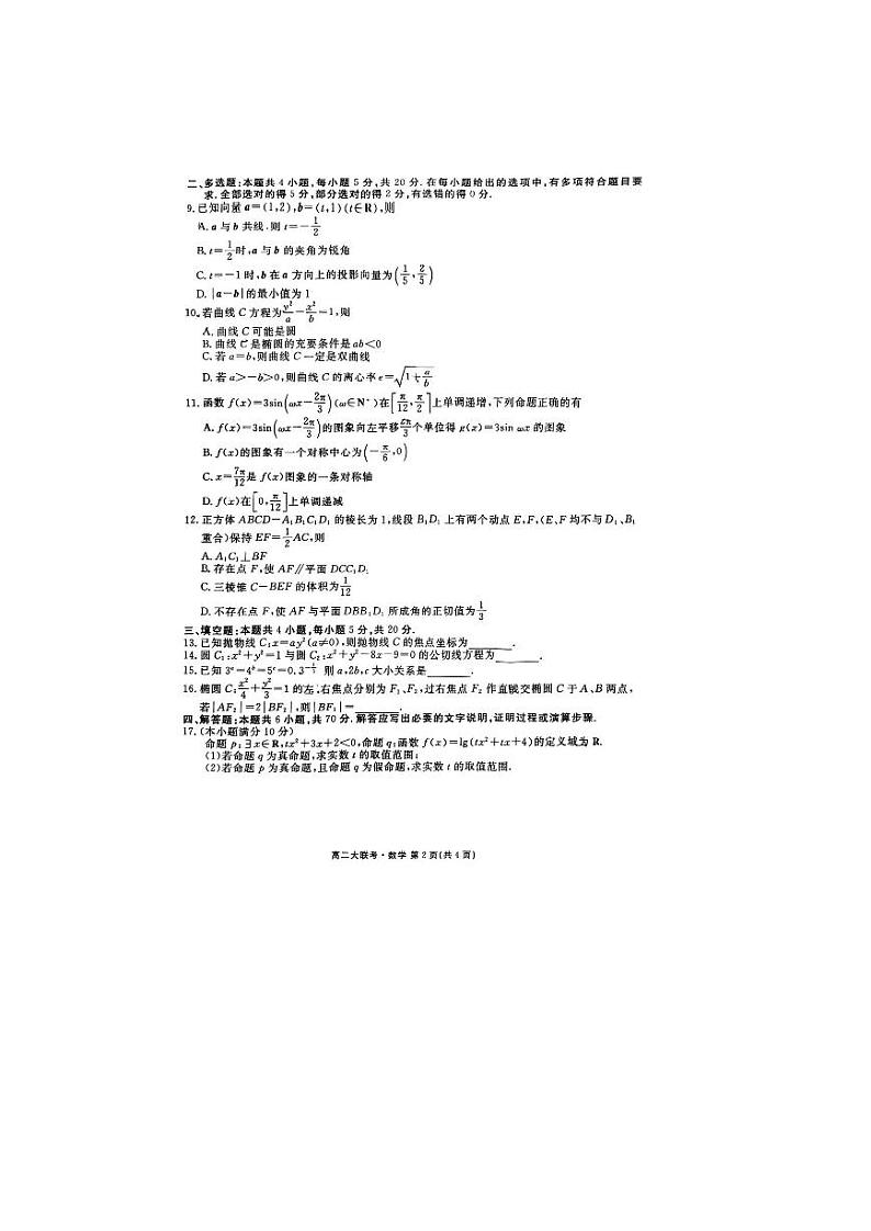2022深圳科学高中及其他学校12月联考高二数学试卷及参考答案解析第2页