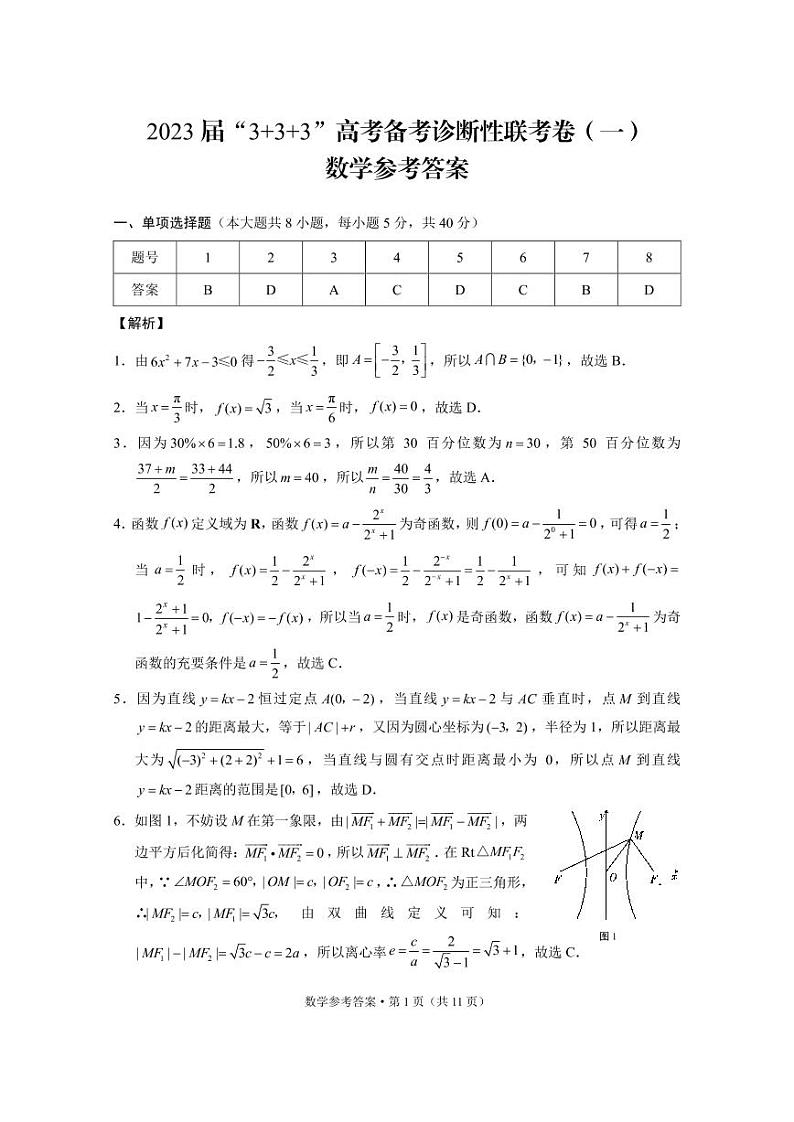 2023届“3+3+3”高考备考诊断性联考卷（一）数学试卷及参考答案01