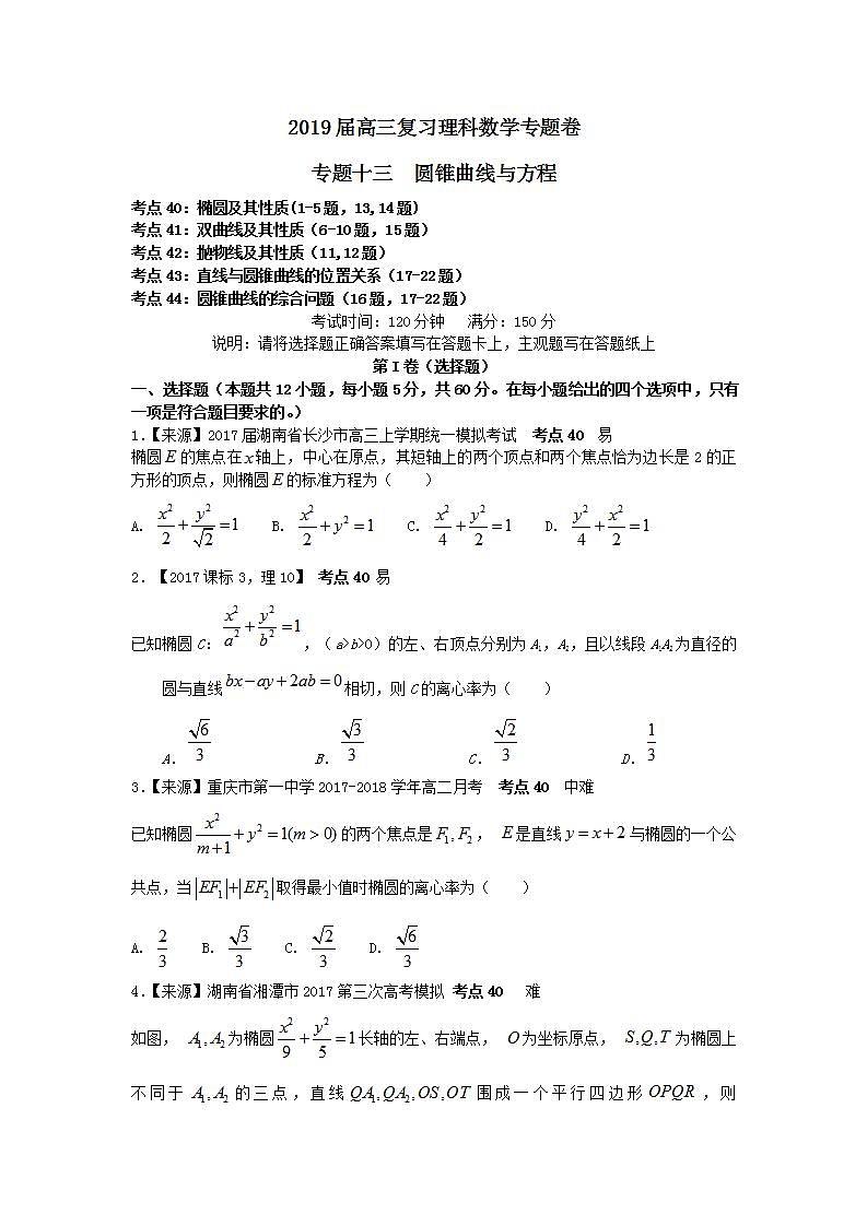 2019衡水名师原创理科数学专题卷：专题十三《圆锥曲线与方程》第1页