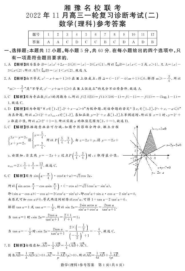 2023湘豫名校联考高三11月数学理科数学参考答案第1页
