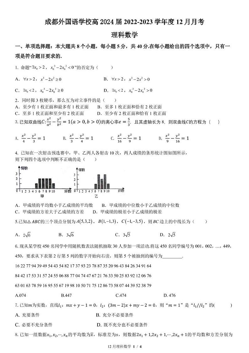 2023成都外国语学校高二上学期12月月考数学（理）试题PDF版含答案01