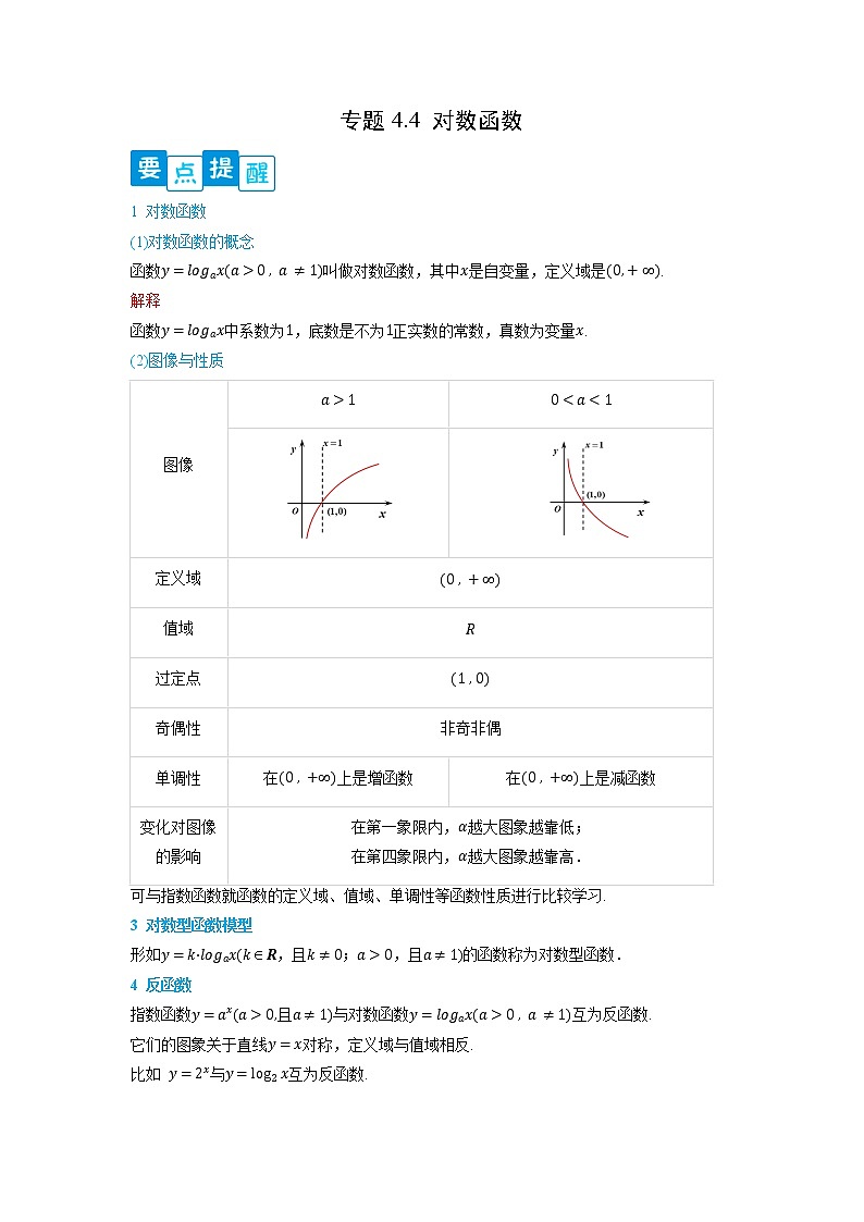 专题4.4 对数函数-【满分计划】高一数学阶段性复习精选精练（人教A版2019必修第一册）01