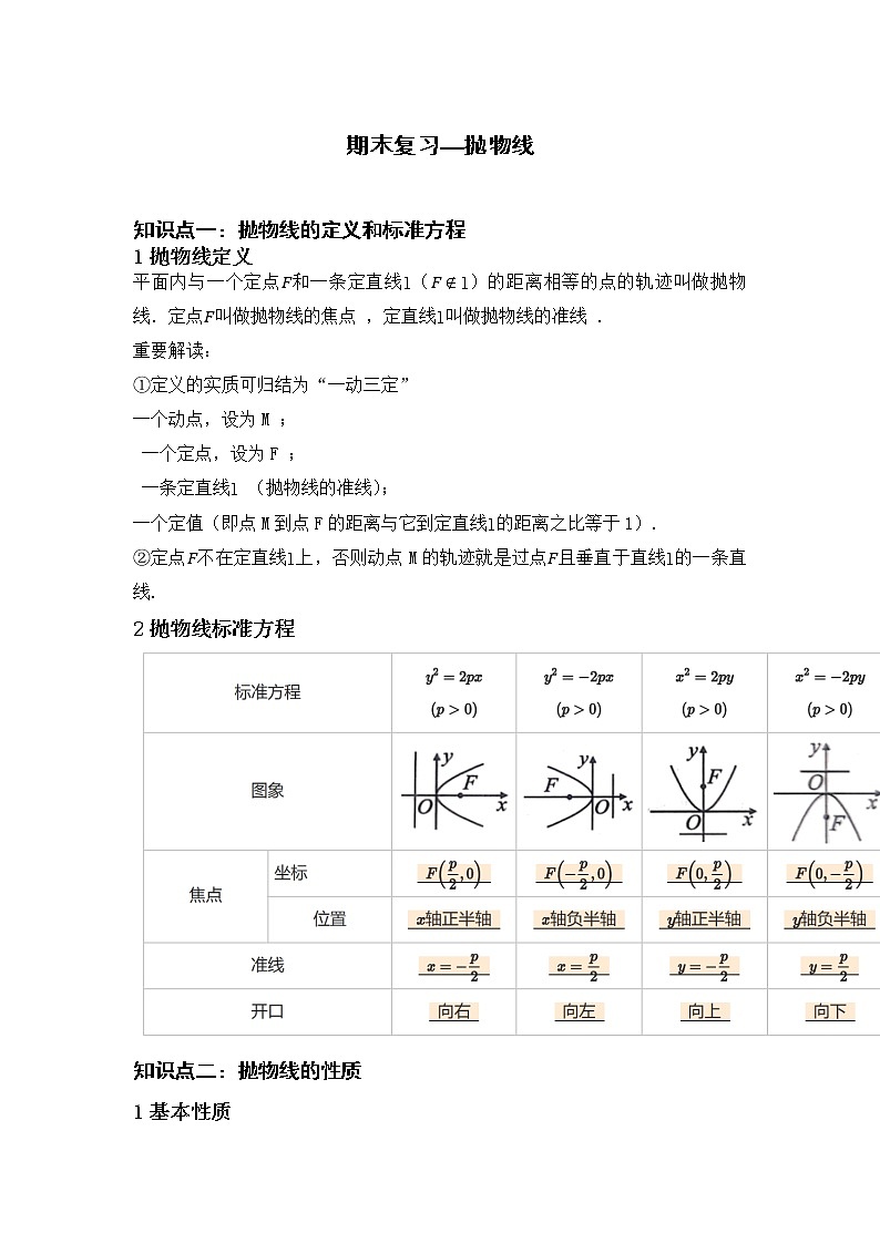 期末复习——3.3抛物线 学案-2022-2023学年高二上学期数学人教A版（2019）选择性必修第一册第1页