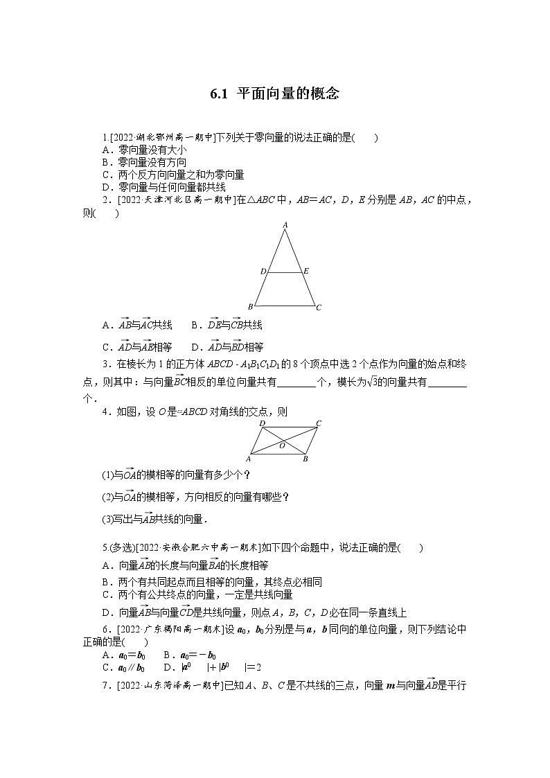 人教A版高中数学必修二 课时作业 6.1 平面向量的概念01